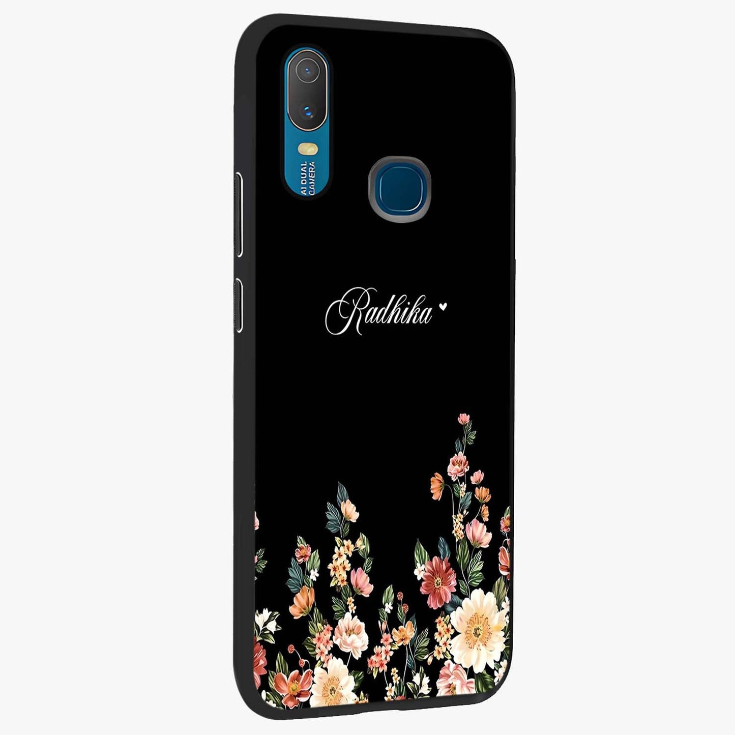Floral Design With a Custom Personalized Name Glass Case upright view showcasing delicate floral artwork with personalized aesthetic style.