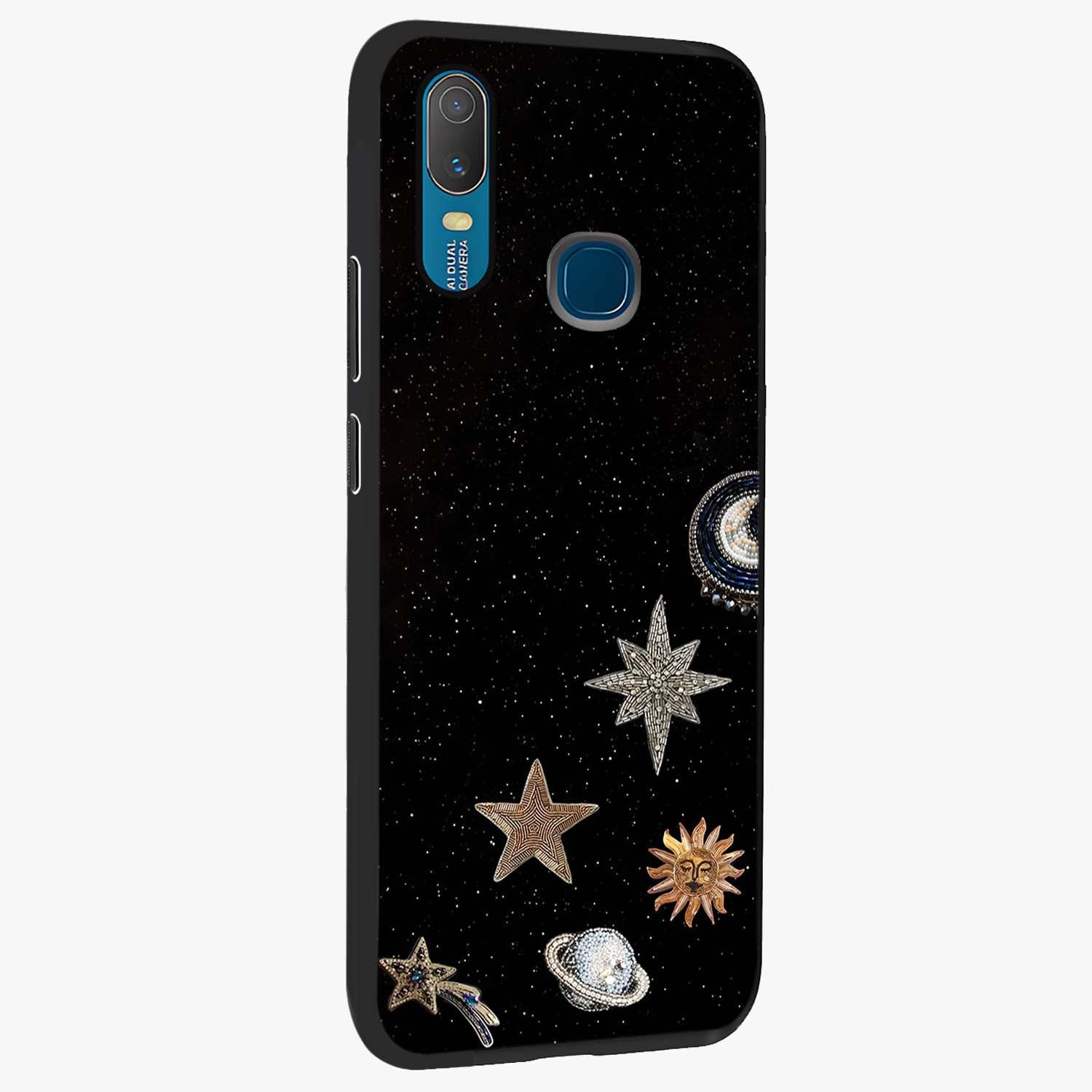 Galactic Charm Glow Glass Case upright view showcasing glowing cosmic charm artwork with magical celestial style.