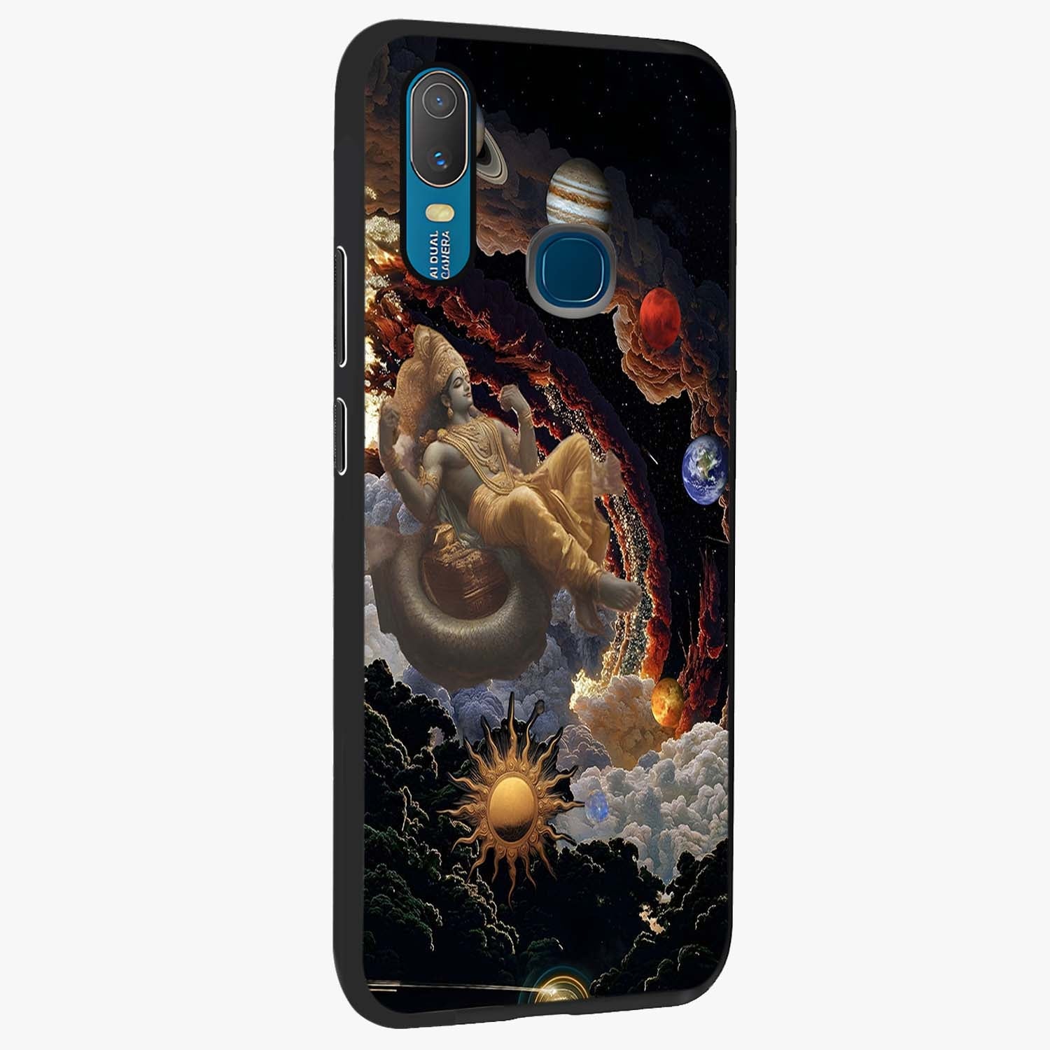 Galactic Divine God Glass Case upright view showcasing mystical divine artwork with dramatic cosmic theme.