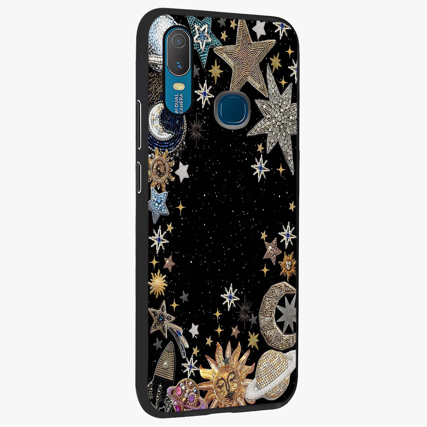 Galactic Jewel Stars Glass Case upright view showcasing glittering star jewel artwork with vibrant galaxy theme.