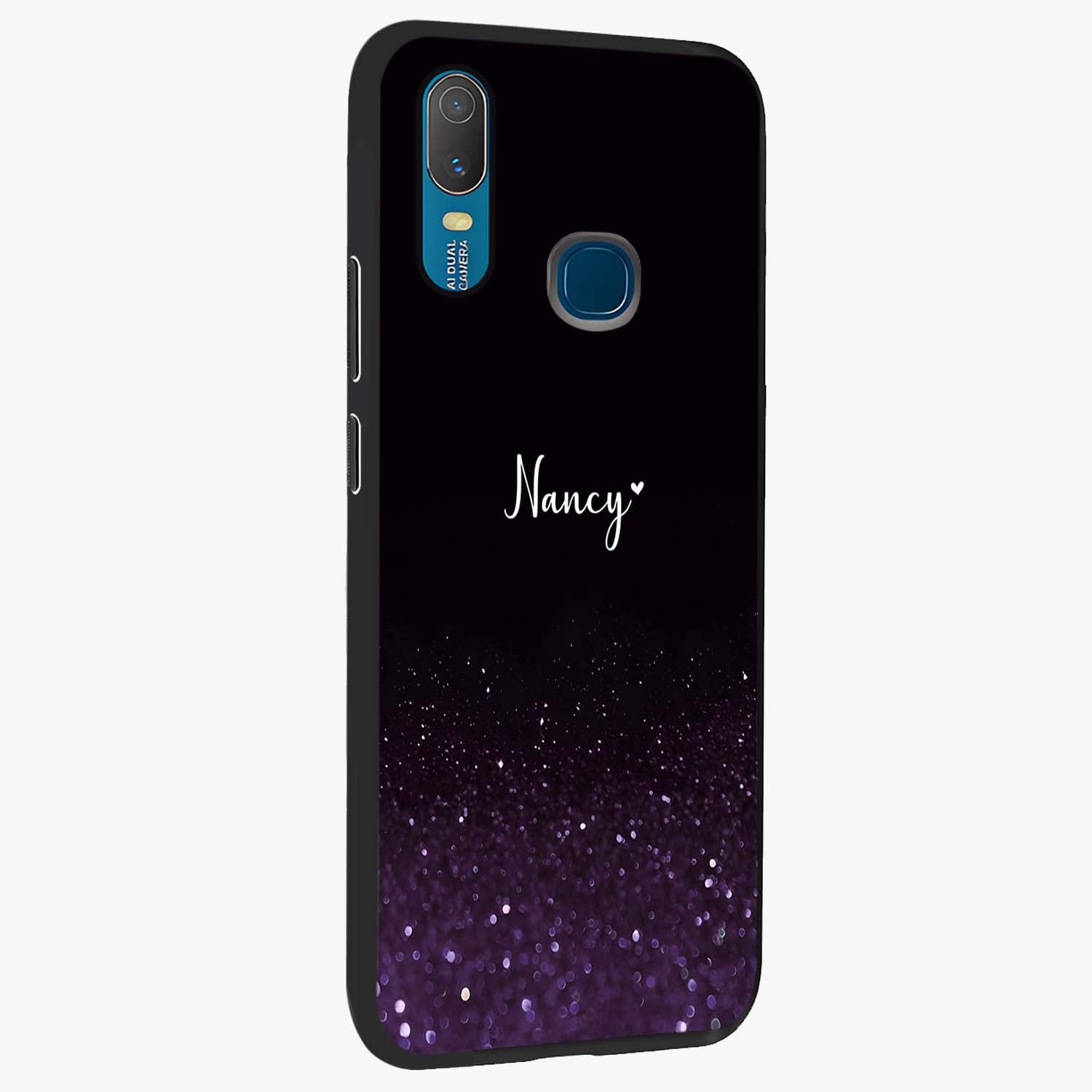Glittery Purple Bokeh Custom Name Glass Case upright view showcasing vibrant purple sparkle artwork with personalized aesthetic style.
