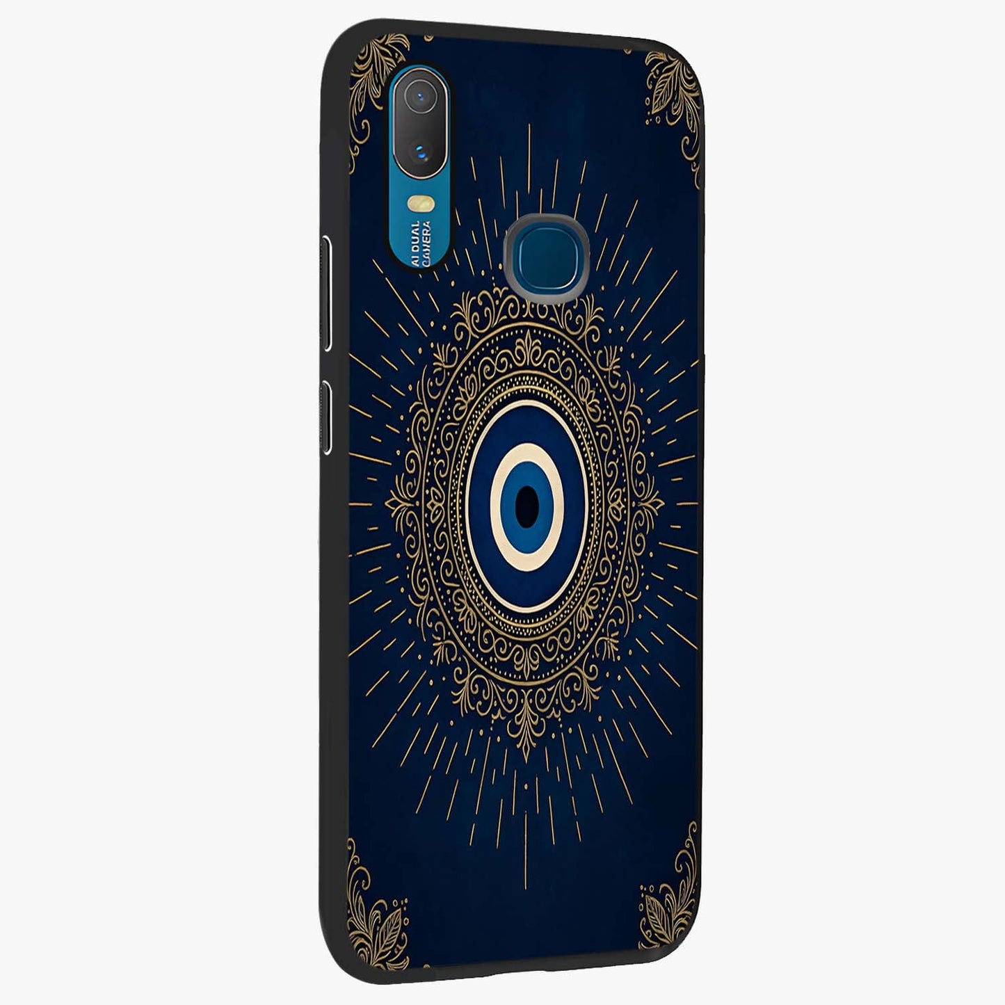Golden Celestial Charm Glass Case upright view showcasing radiant celestial artwork with elegant golden theme.