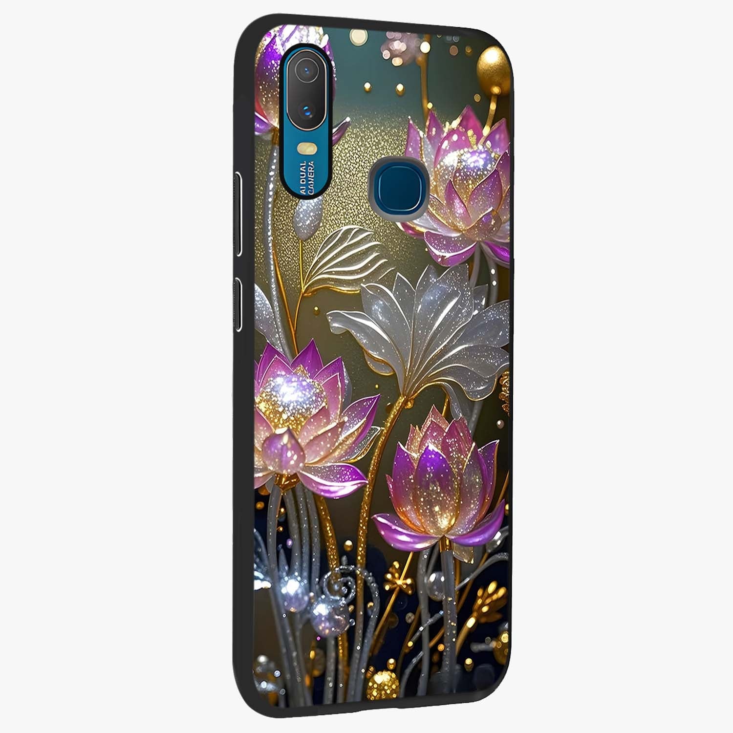 Golden Floral Majesty Glass Case upright view showcasing majestic floral artwork with rich decorative theme.