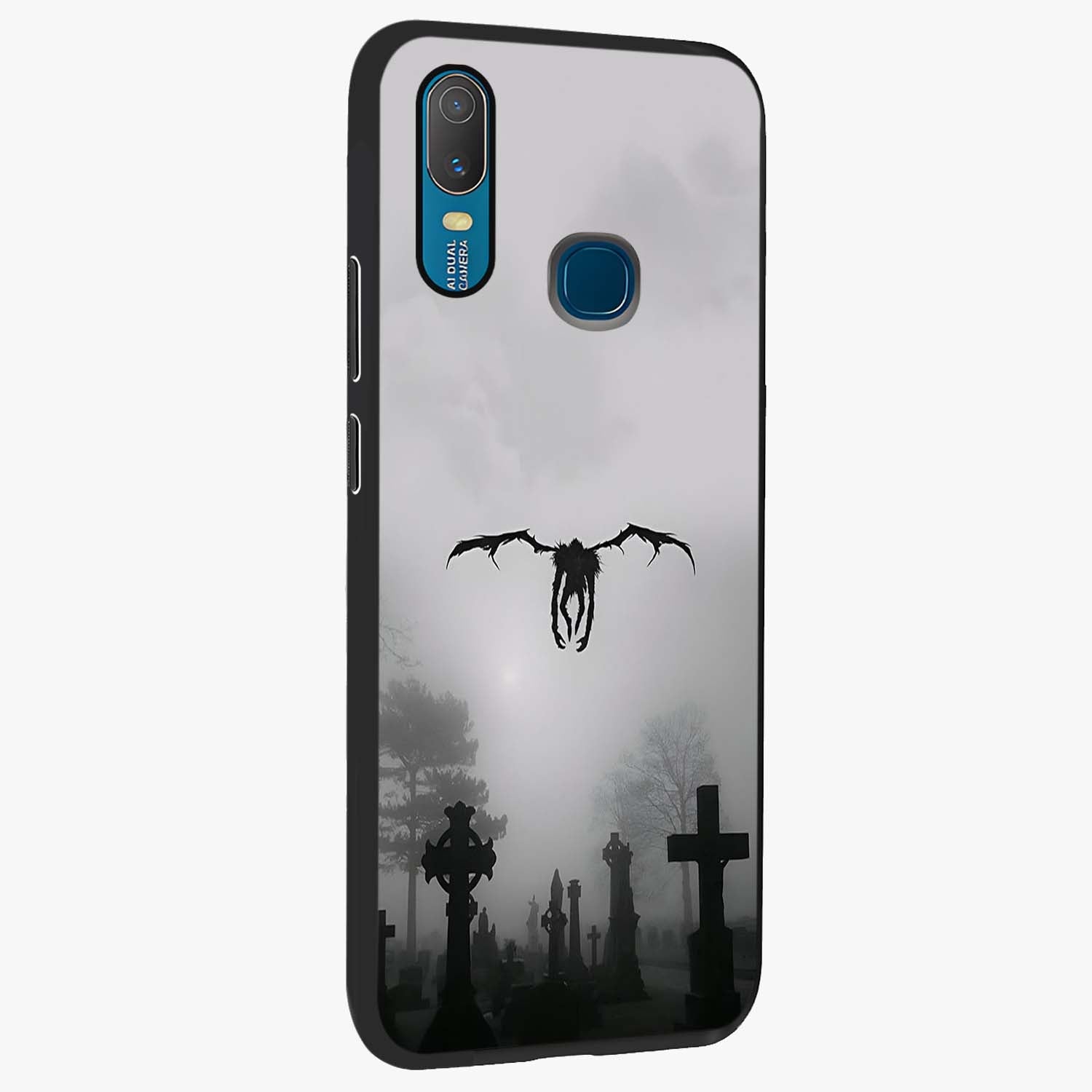Graveyard Shadow Descent Glass Case upright view showcasing haunting graveyard artwork with dramatic dark theme.