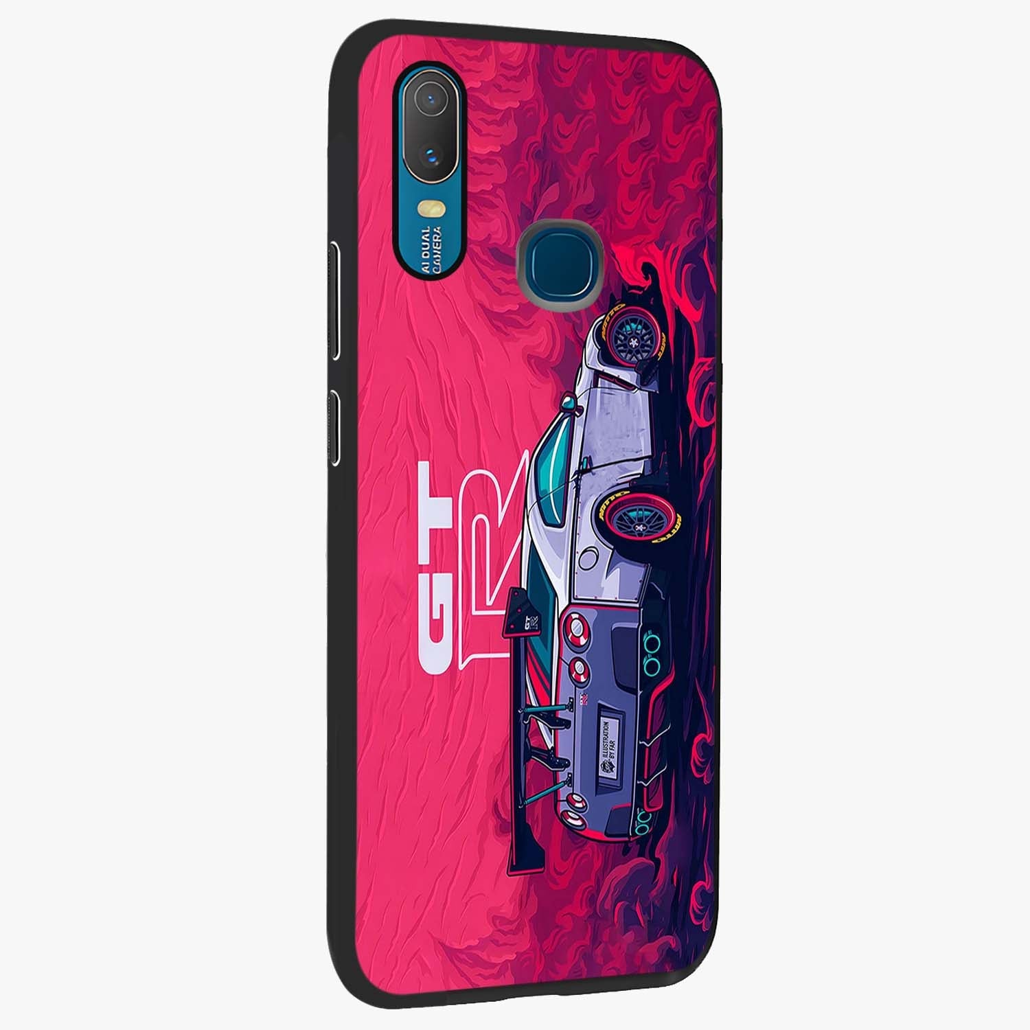 GT-R Car Pattern Glass Case upright view showcasing dynamic car pattern artwork with modern sports theme.