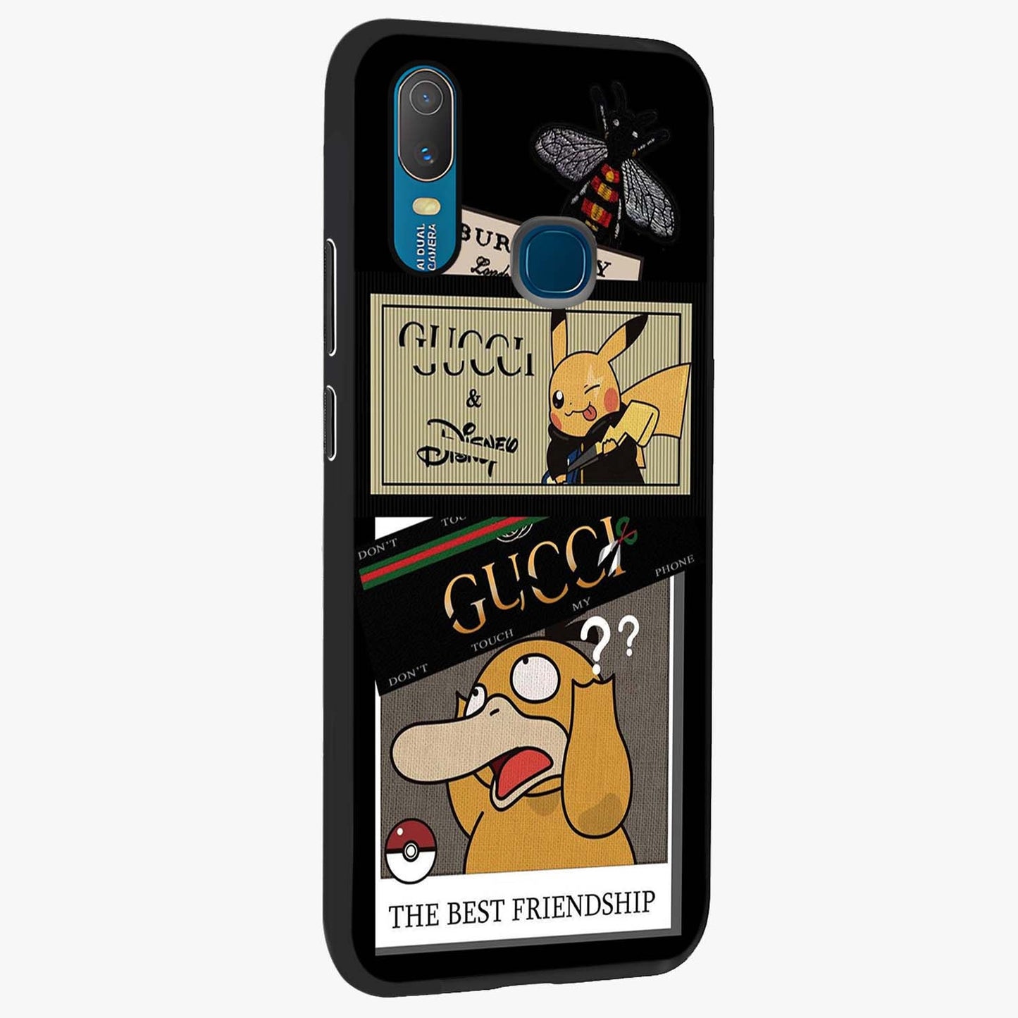 Gucci Play Mashup Glass Case upright view showcasing trendy luxury inspired artwork with modern fashion theme.