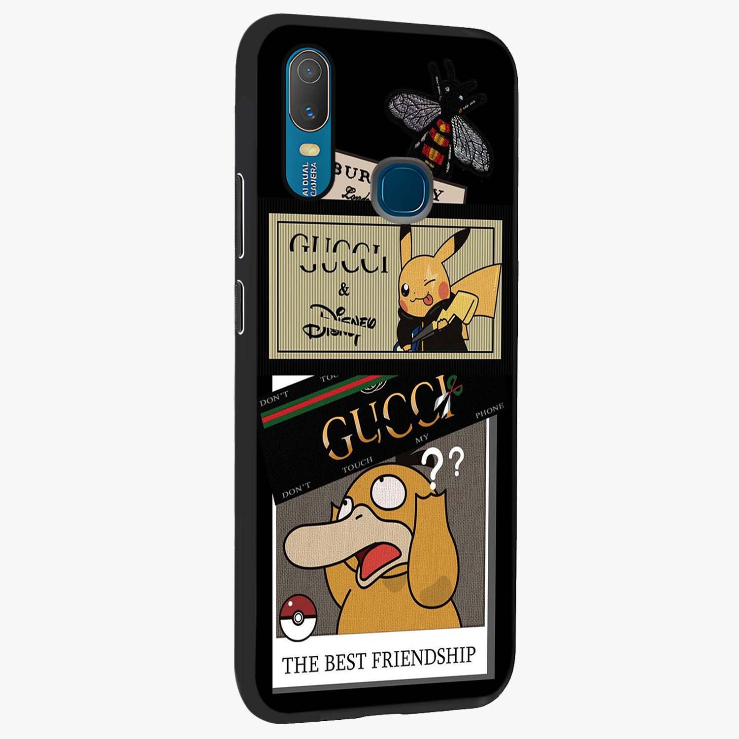 Gucci Play Mashup Glass Case upright view showcasing trendy luxury inspired artwork with modern fashion theme.