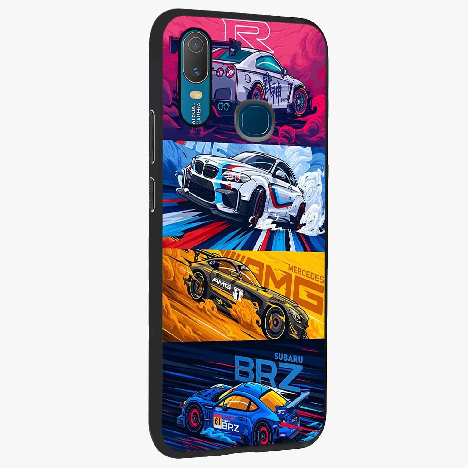 JDM Sports Car Glass Case upright view showcasing dynamic sports car artwork with bold racing theme.