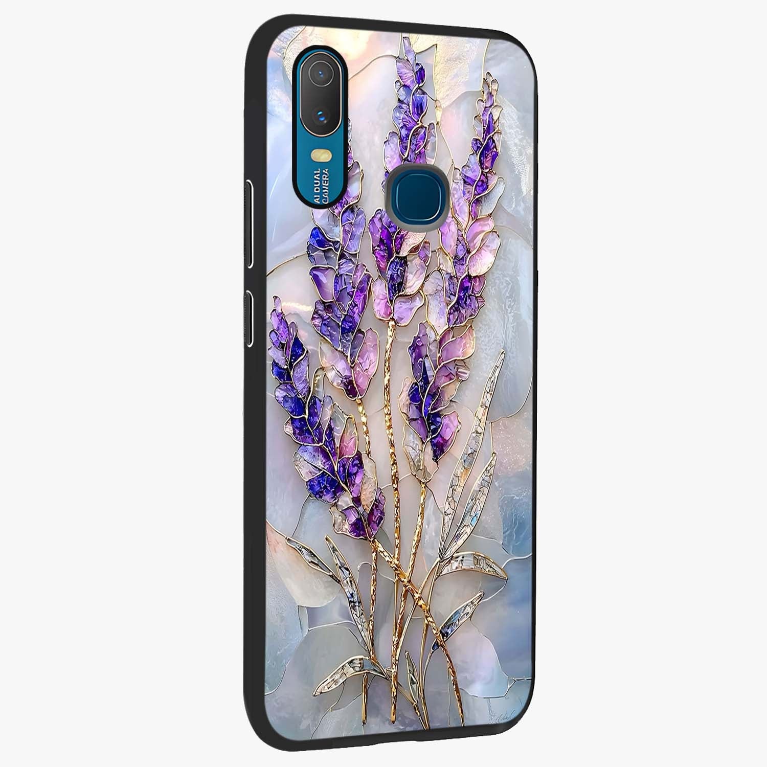 Lavender Dream Glow Glass Case upright view showcasing radiant lavender glow artwork with calming dreamy theme.
