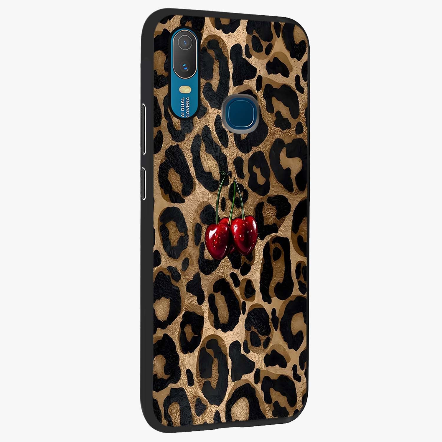 Leopard Wild Cherry Glass Case upright view showcasing stylish leopard pattern artwork with trendy fashion theme.