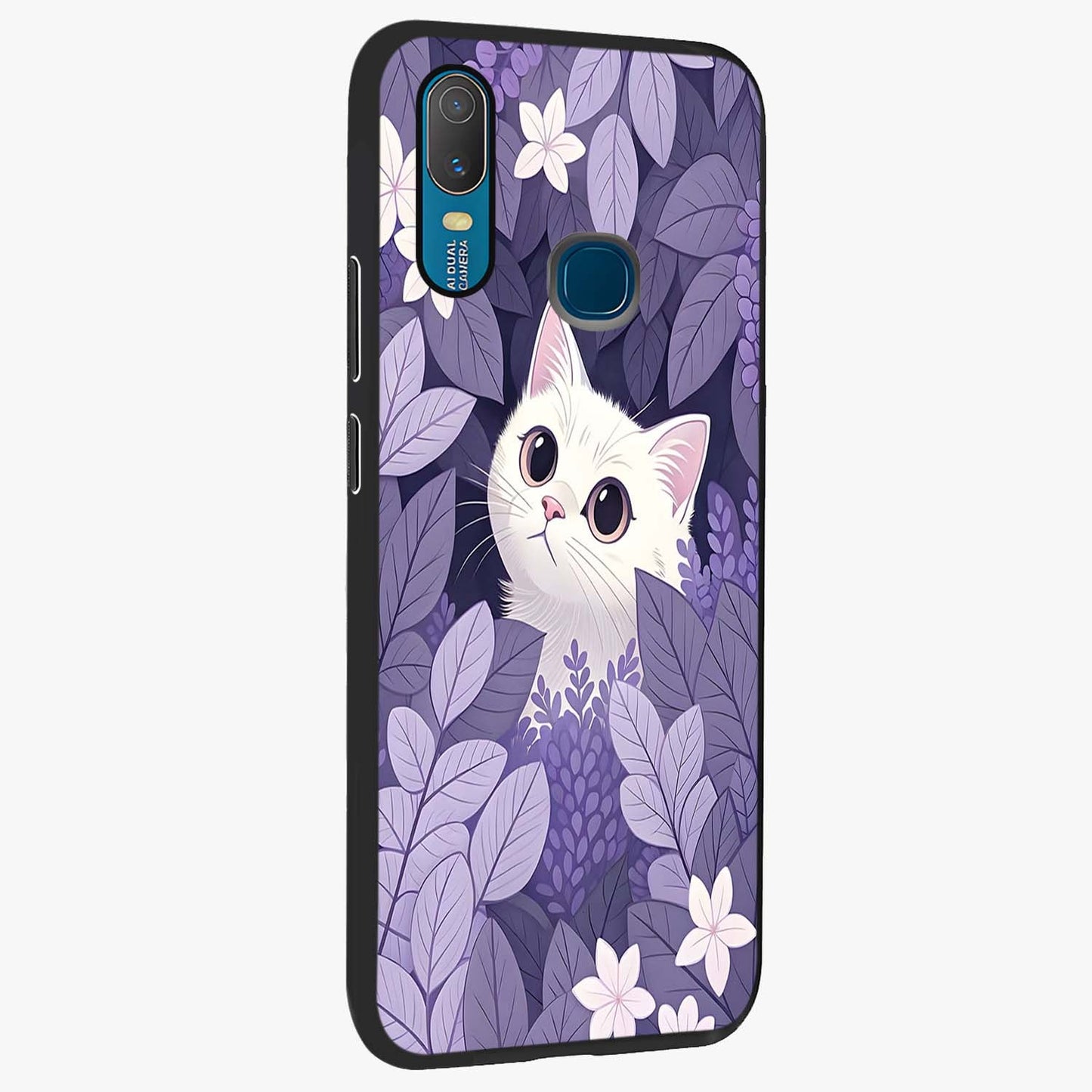 Lilac Hide Peek Cat Glass Case upright view showcasing charming cat artwork with adorable peek theme.