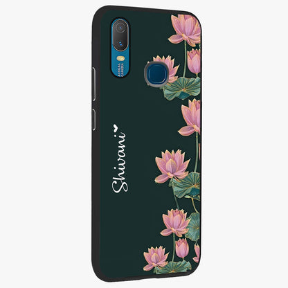 Lotus Bloom Serenity Custom Name Glass Case upright view showcasing serene lotus bloom artwork with personalized floral aesthetic.