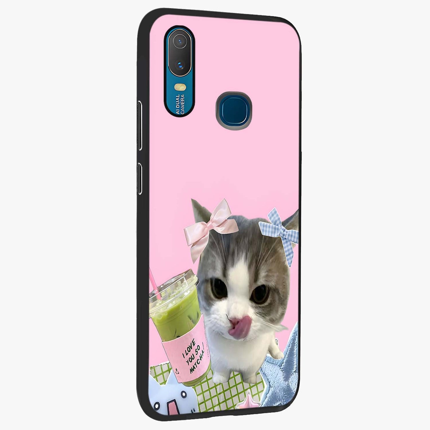 Love Matcha Cat Glass Case upright view showcasing adorable cat artwork with charming matcha themed design.
