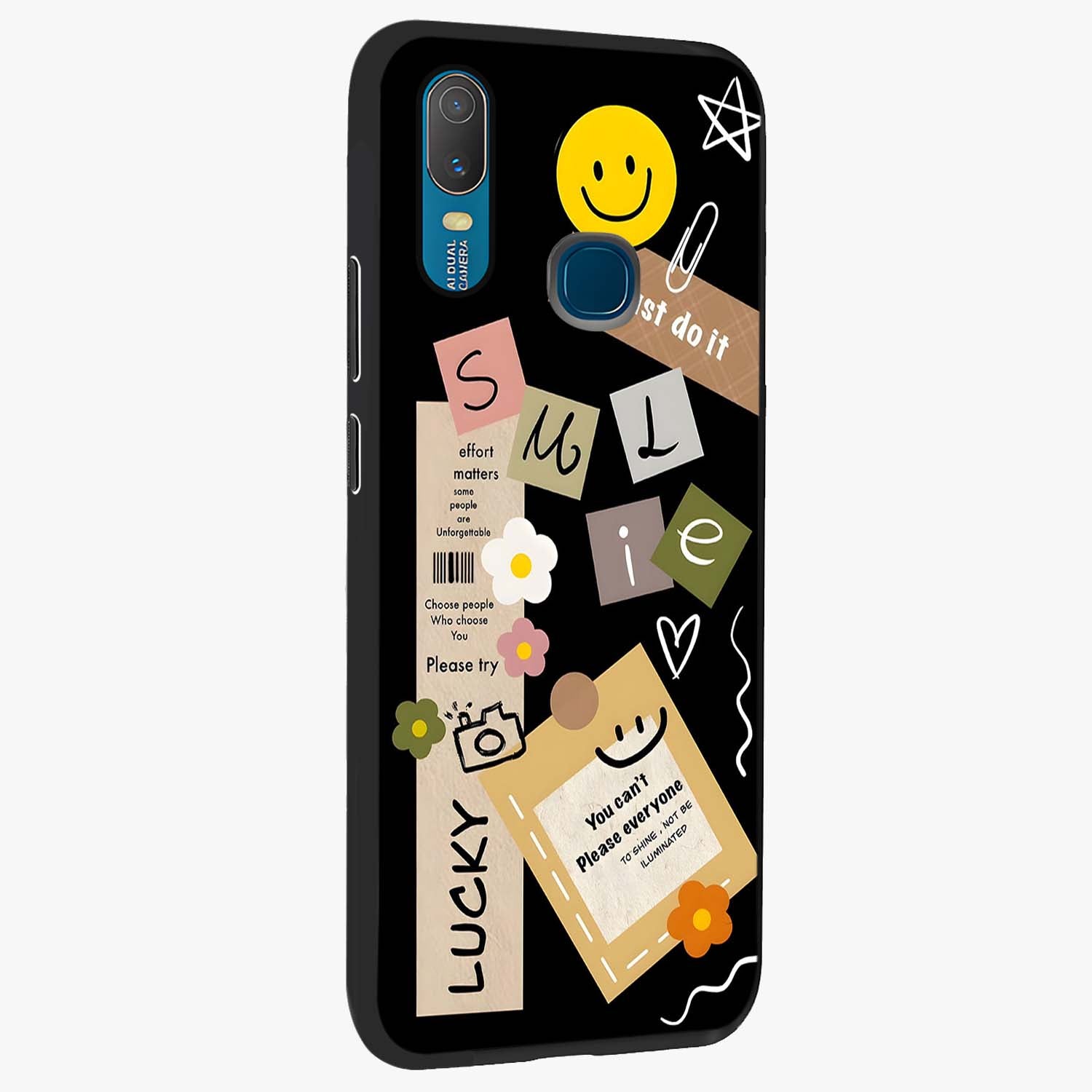 Lucky Aesthetic Collage Glass Case upright view showcasing vibrant collage artwork with youthful aesthetic theme.