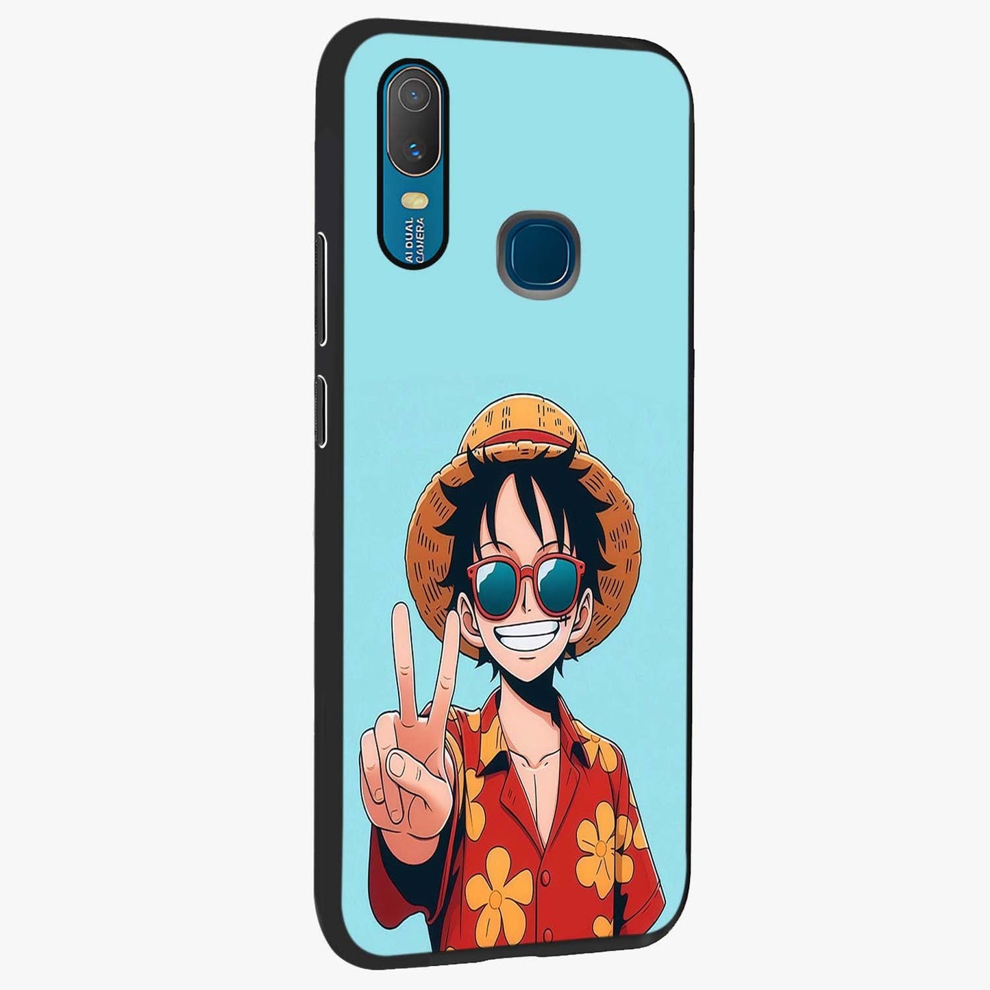Luffy Summer Anime Vibe Glass Case upright view showcasing dynamic anime artwork with bright adventurous theme.