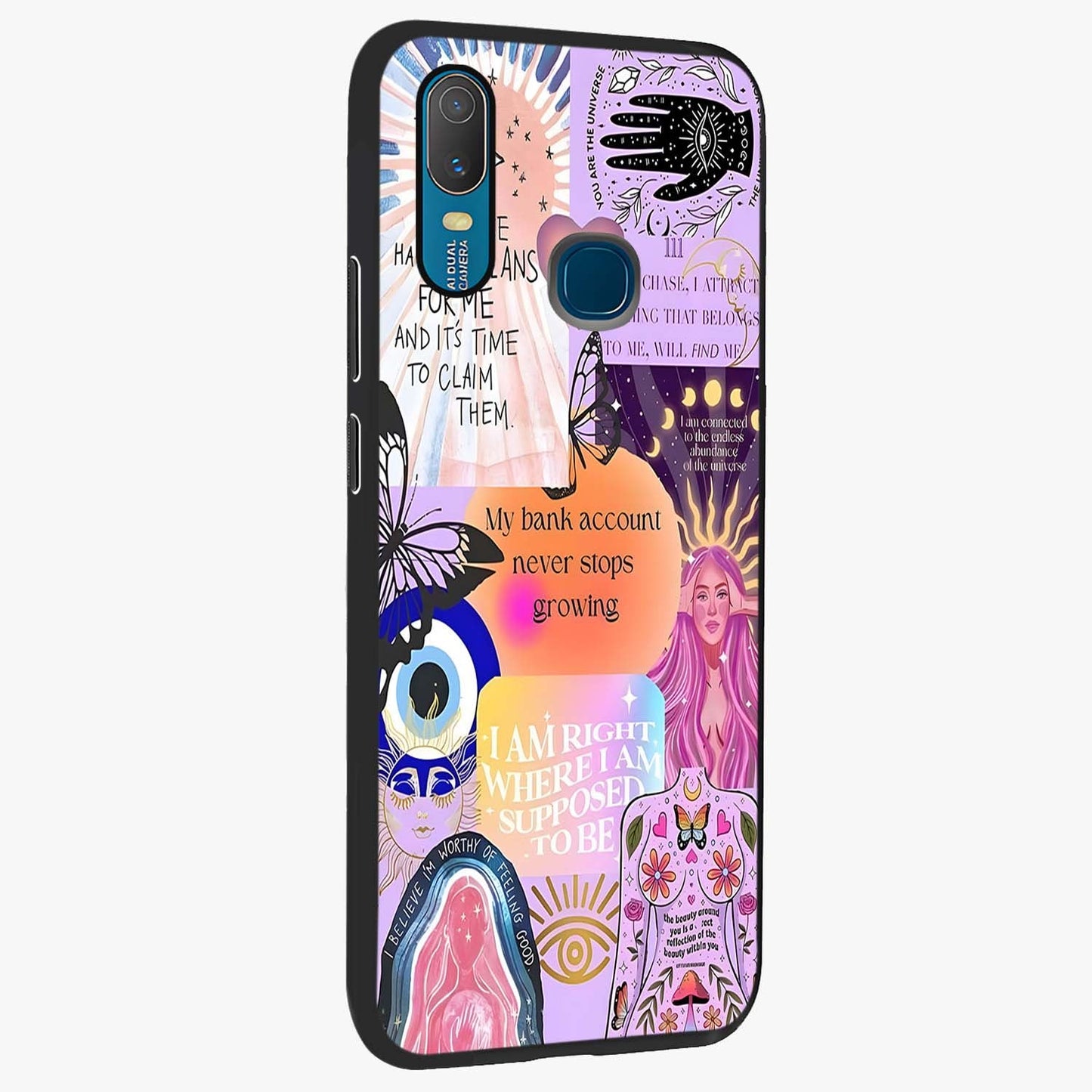 Manifestation Collage Glass Case upright view showcasing artistic manifestation themed artwork with creative style.
