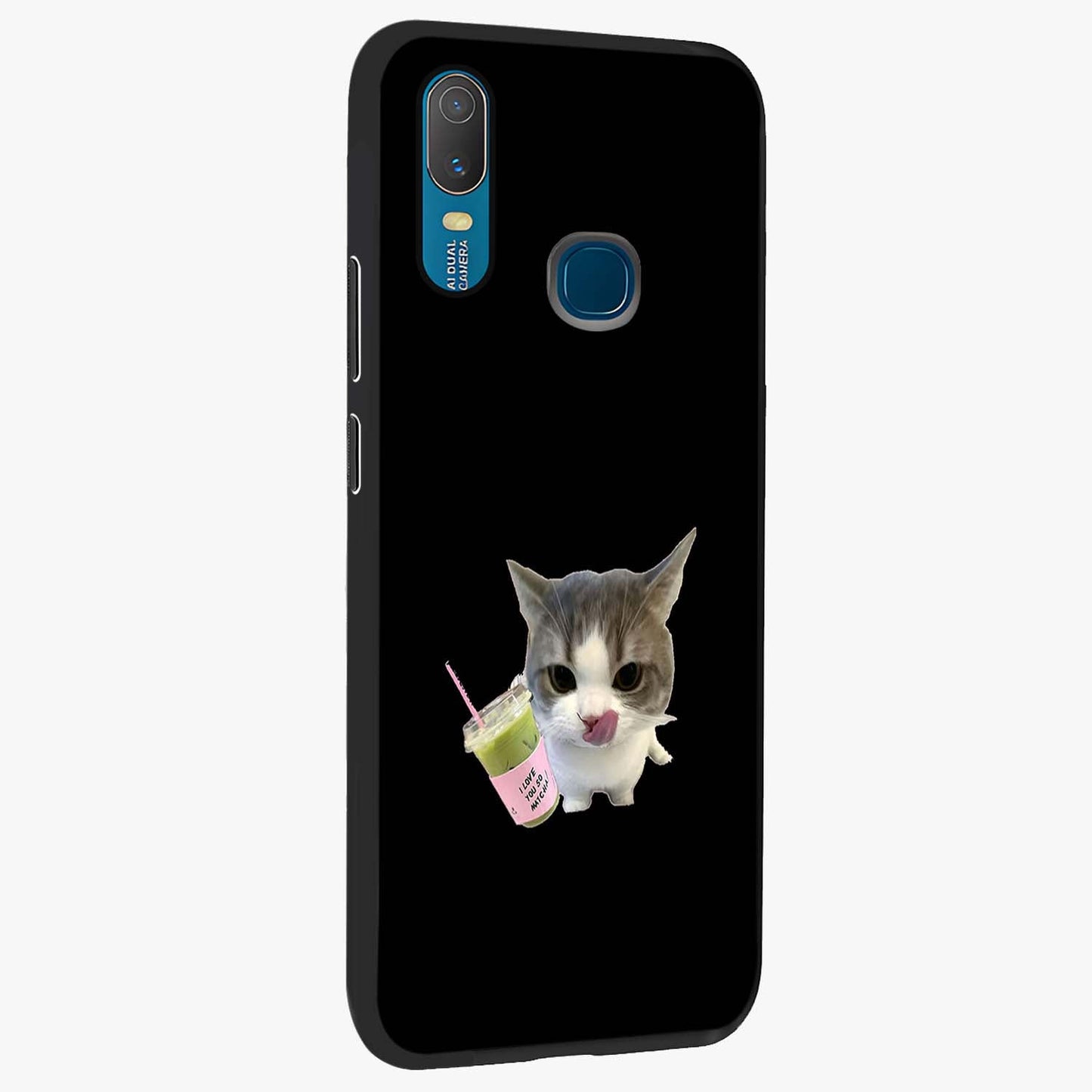 Matcha Cat Style Glass Case upright view showcasing charming cat artwork with cozy aesthetic theme.