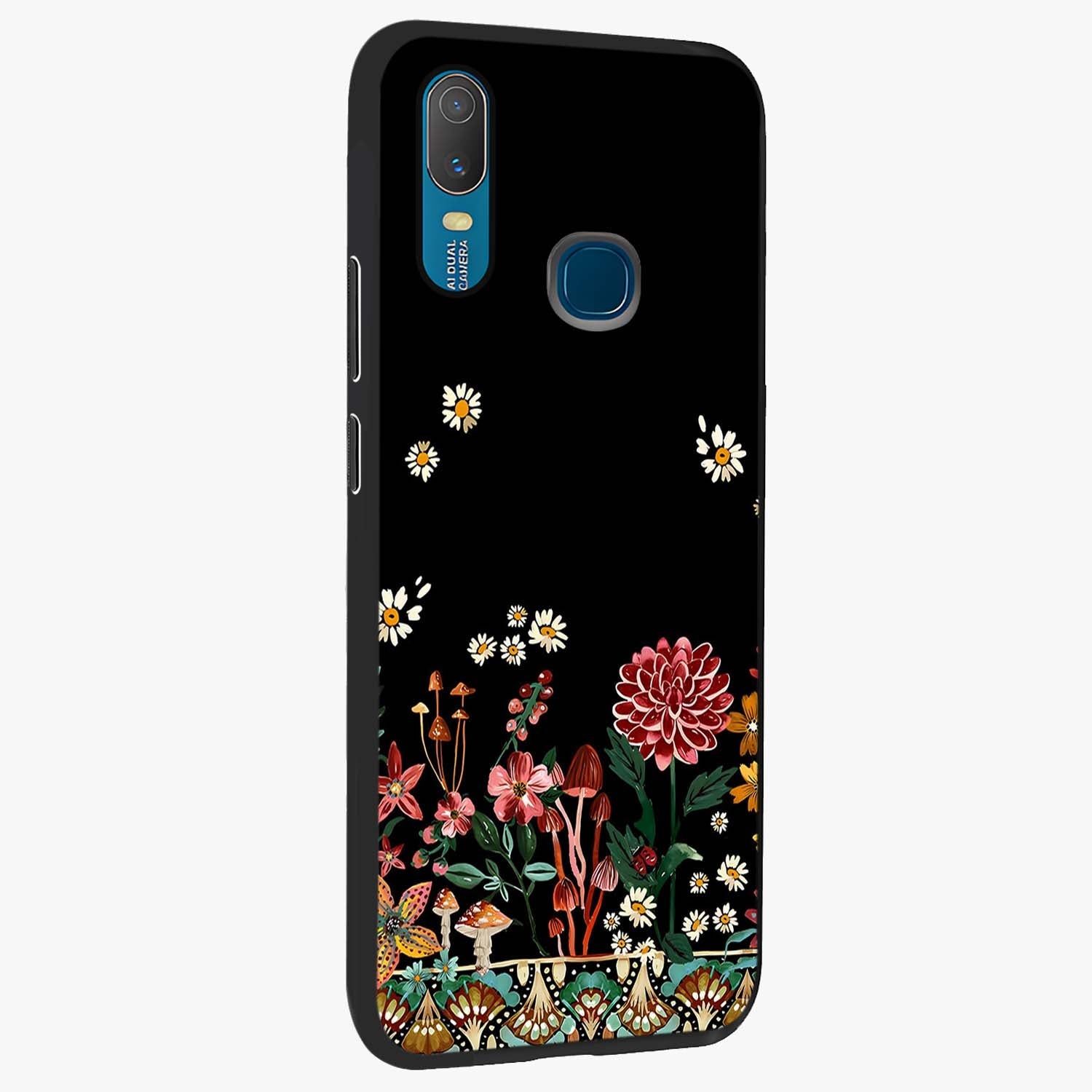 Midnight Bloom Pattern Glass Case upright view showcasing decorative floral artwork with deep night themed palette.