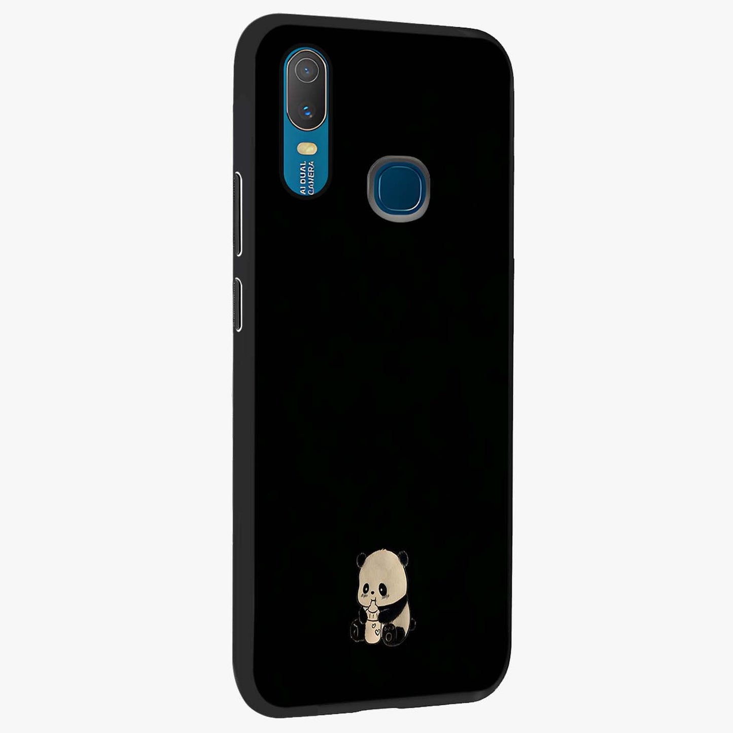 Midnight Panda Love Glass Case upright view showcasing charming panda artwork with playful romantic theme.