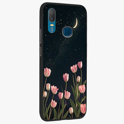 Midnight Tulip Whispers Vibe Glass Case upright view showcasing graceful tulip artwork with calm botanical theme.
