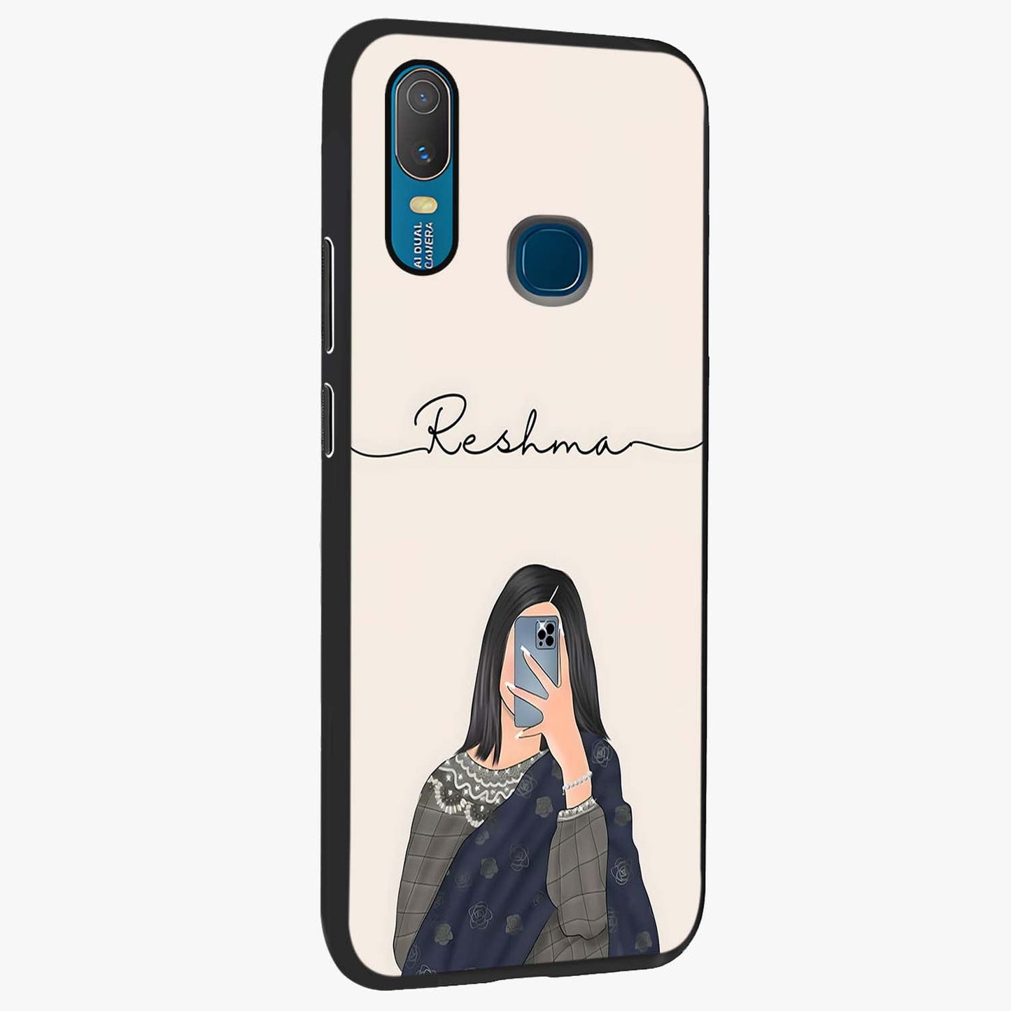 Mirror Mood Muse With Custom Name Glass Case upright view showcasing artistic mirror themed artwork with personalized aesthetic.