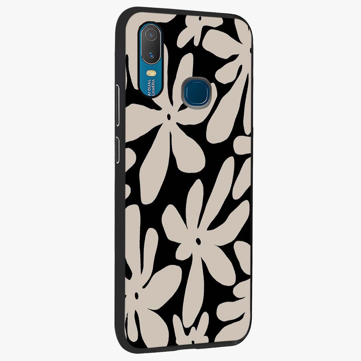 Monochrome Petal Dance Glass Case upright view showcasing artistic floral pattern with stylish monochrome theme.