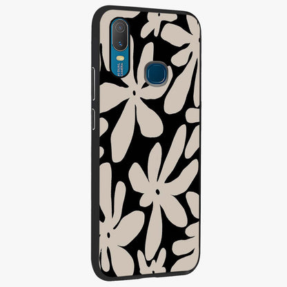 Monochrome Petal Dance Glass Case upright view showcasing artistic floral pattern with stylish monochrome theme.