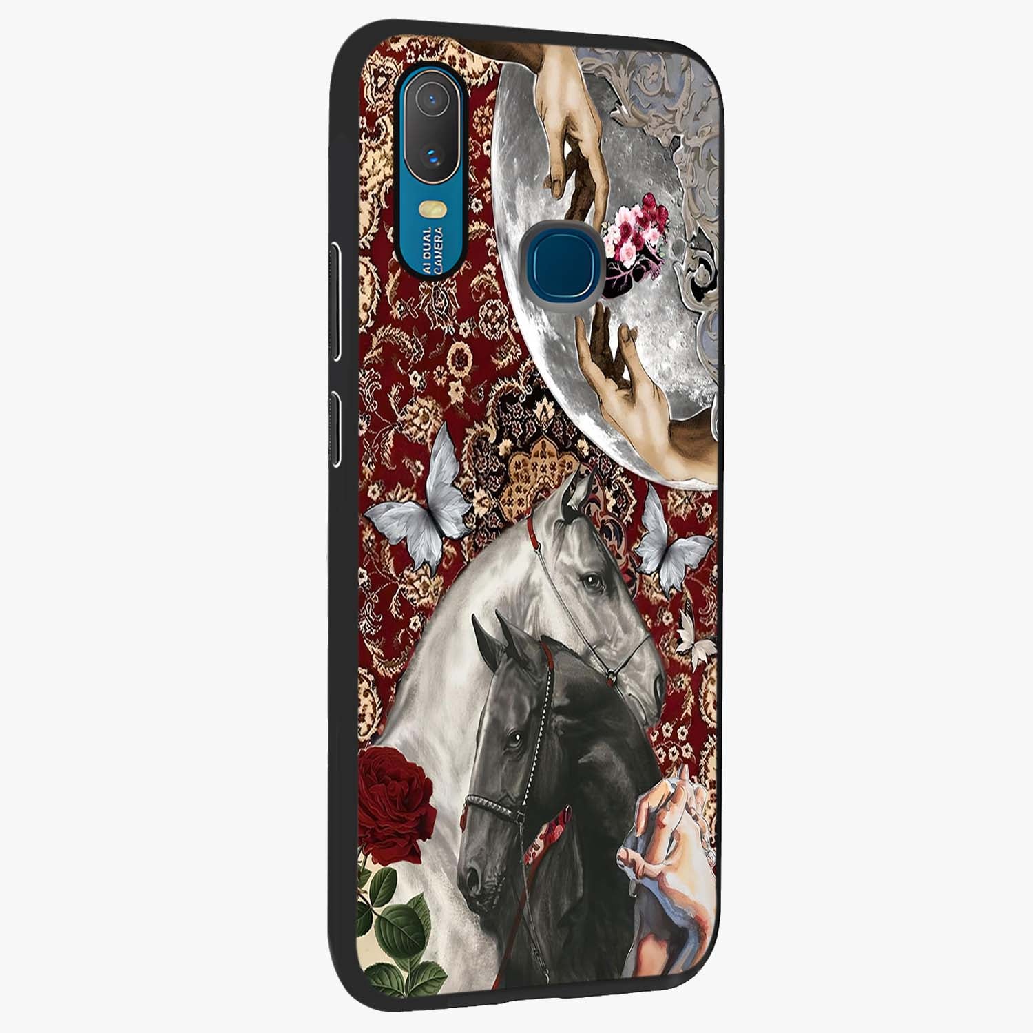Moonlit Royal Stallion Glass Case upright view showcasing dramatic horse artwork with glowing moon themed design.