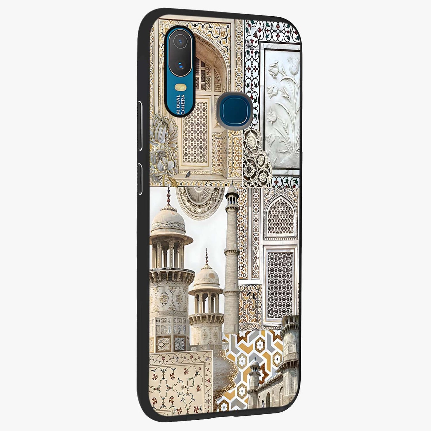 Mughal Marble Legacy Glass Case upright view showcasing ornate Mughal design with luxurious traditional theme.