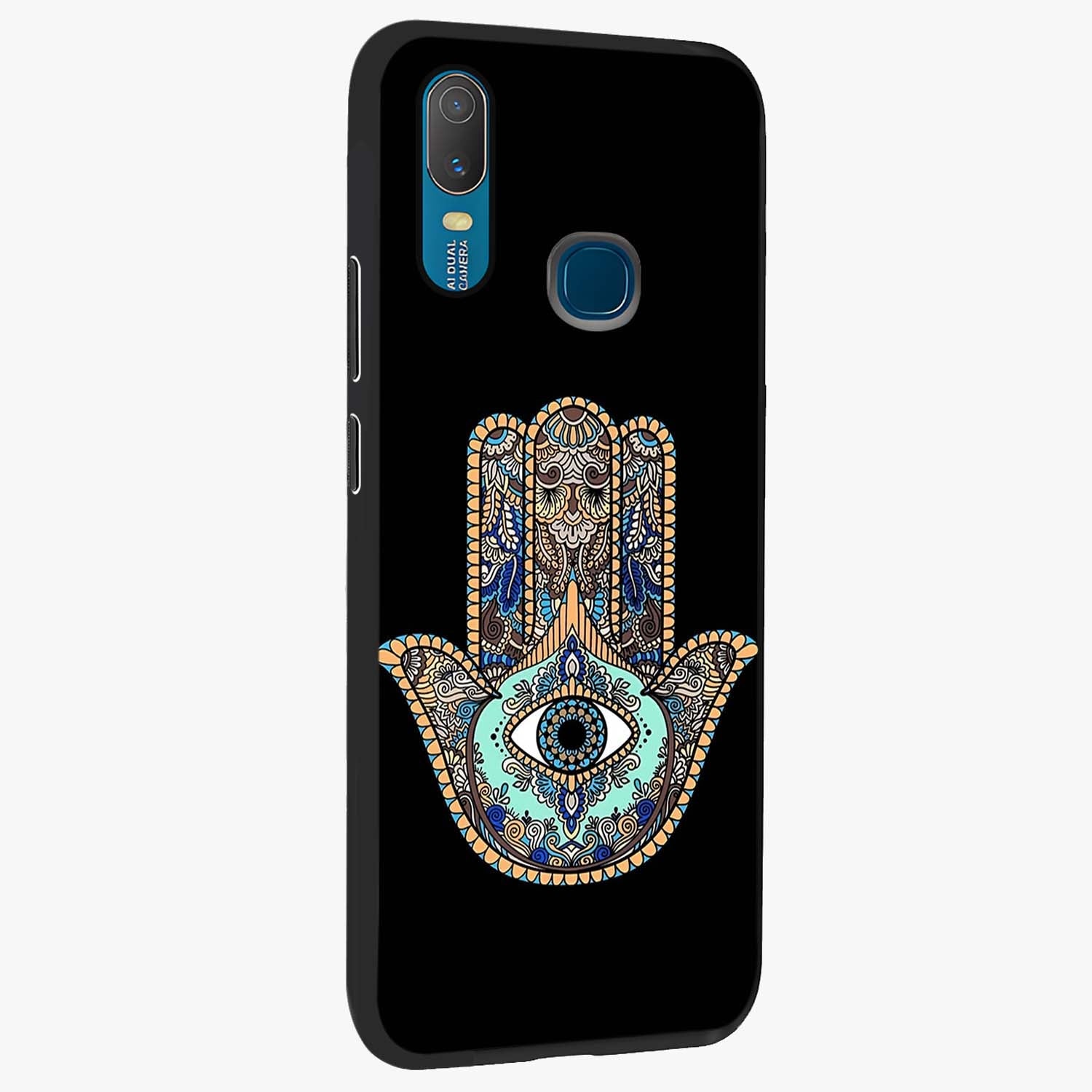 Mystic Hamsa Eye Glass Case upright view showcasing detailed hamsa eye artwork with protective spiritual theme.