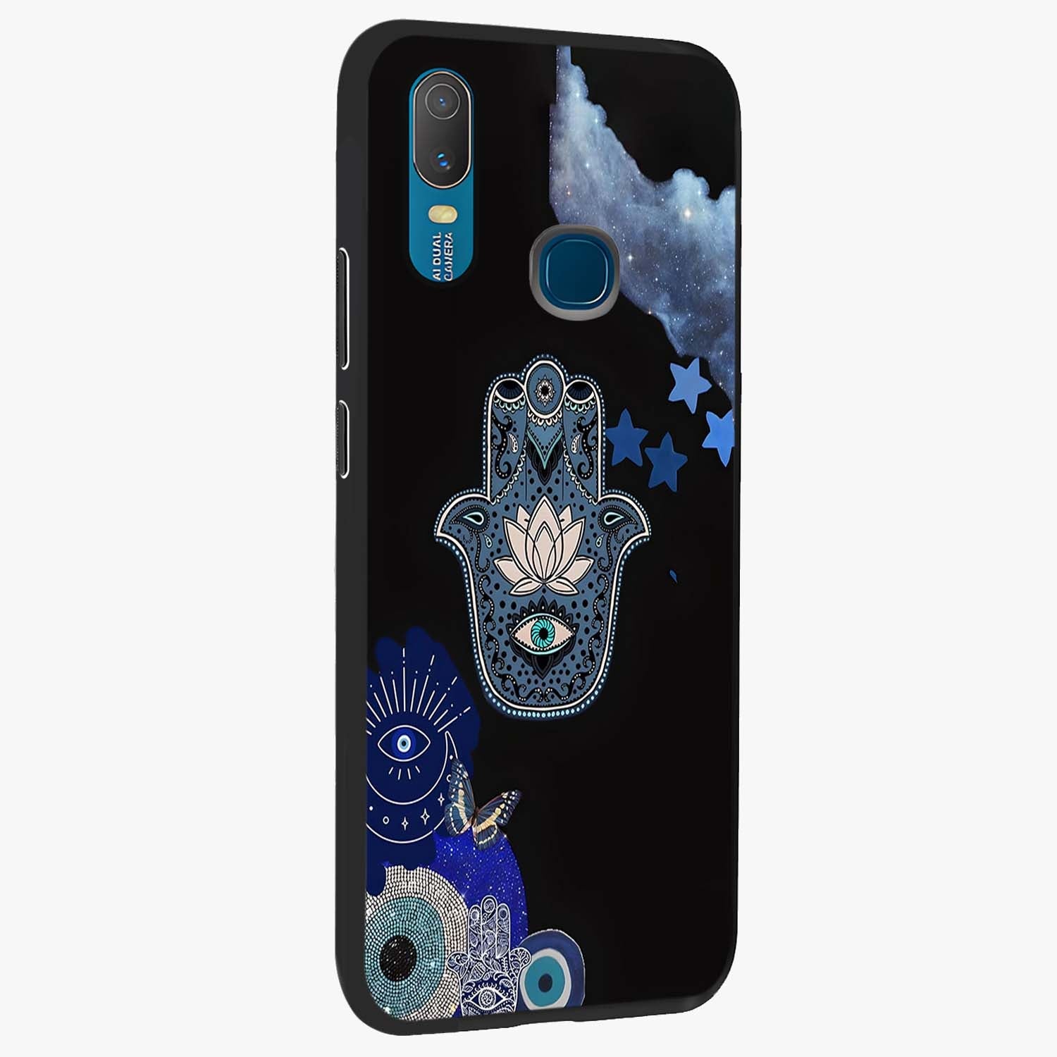 Mystic Hand Aura Glass Case upright view showcasing symbolic hand artwork with mystical energy theme.