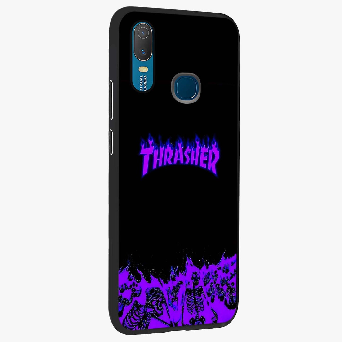 Neon Flame Riot Glass Case upright view showcasing dynamic flame artwork with energetic neon theme.