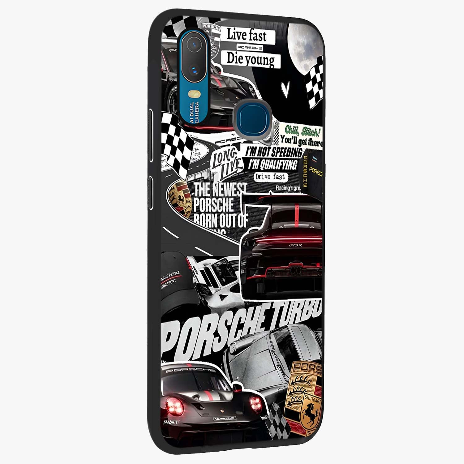 Porsche Racing Collage Glass Case upright view showcasing energetic car collage artwork with high speed racing theme.