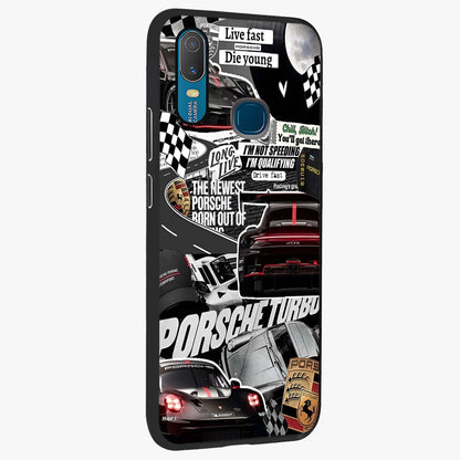 Porsche Racing Collage Glass Case upright view showcasing energetic car collage artwork with high speed racing theme.