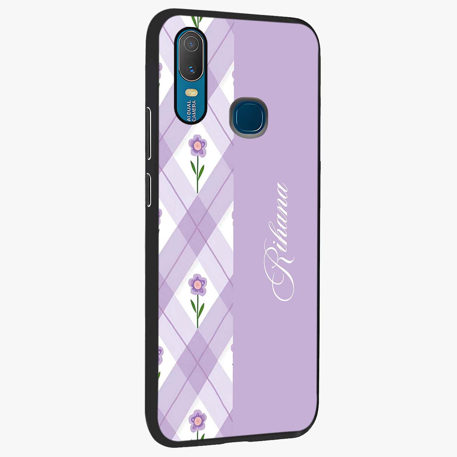 Purple Diamond Floral Glass Case upright view showcasing vibrant floral artwork with stylish geometric theme.