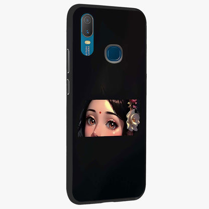 Radha Divine Embrace Glass Case upright view showcasing sacred Radha themed artwork with peaceful devotional style.