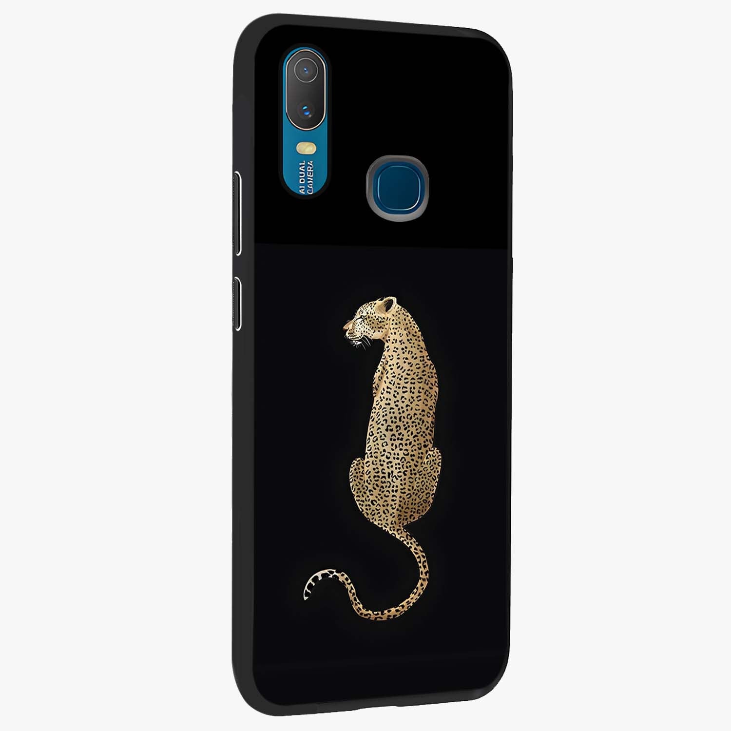 Regal Leopard Glass Case upright view showcasing striking leopard artwork with fierce wildlife theme.