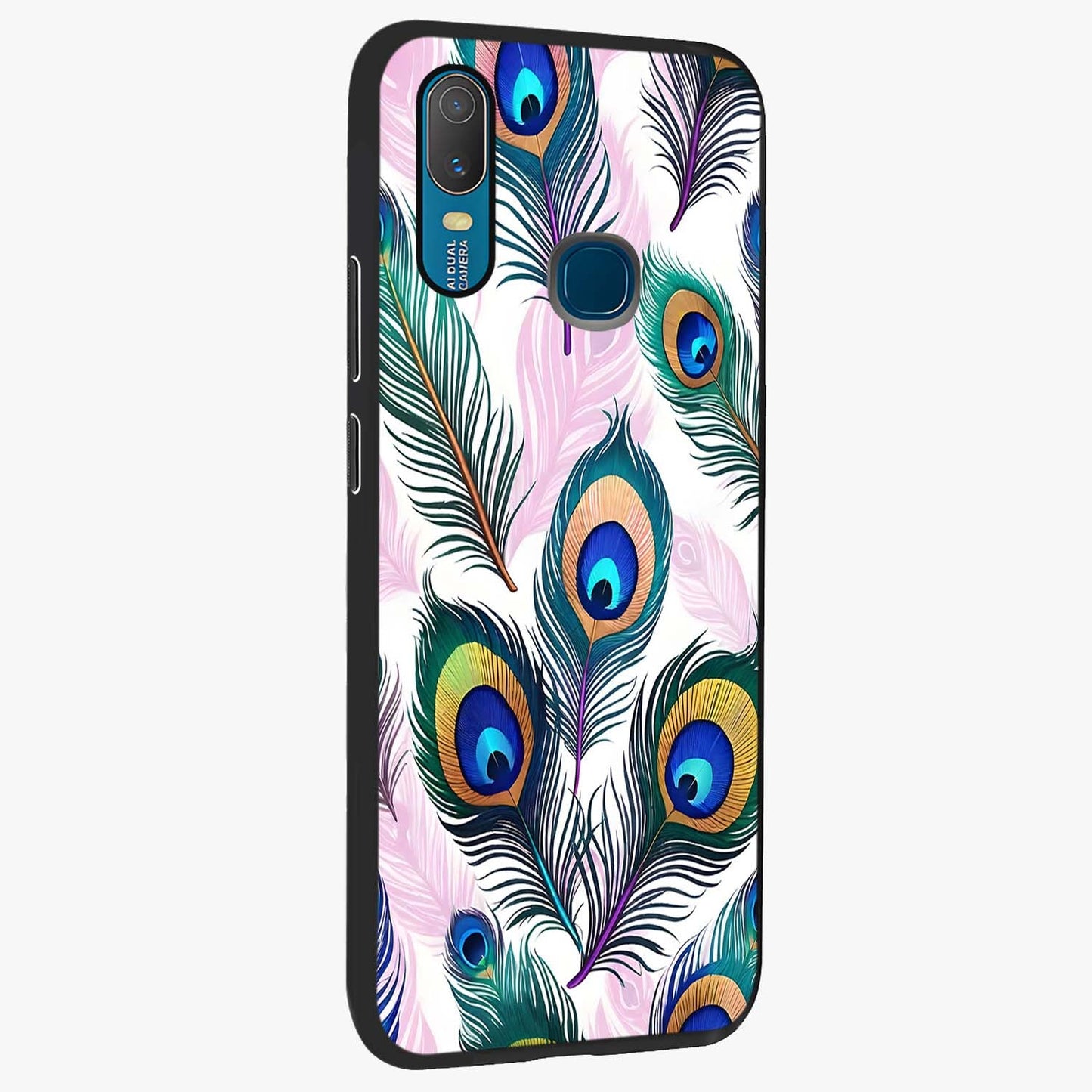 Royal Peacock Feathers Glass Case upright view showcasing elegant peacock feather artwork with decorative royal theme.