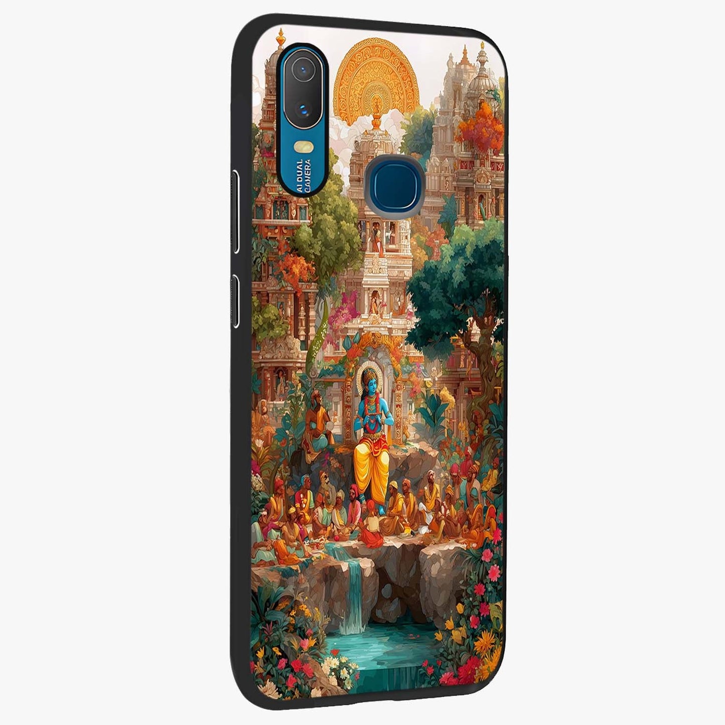Sacred Sunlight Gods Glass Case upright view showcasing glowing divine artwork with sacred mythological theme.