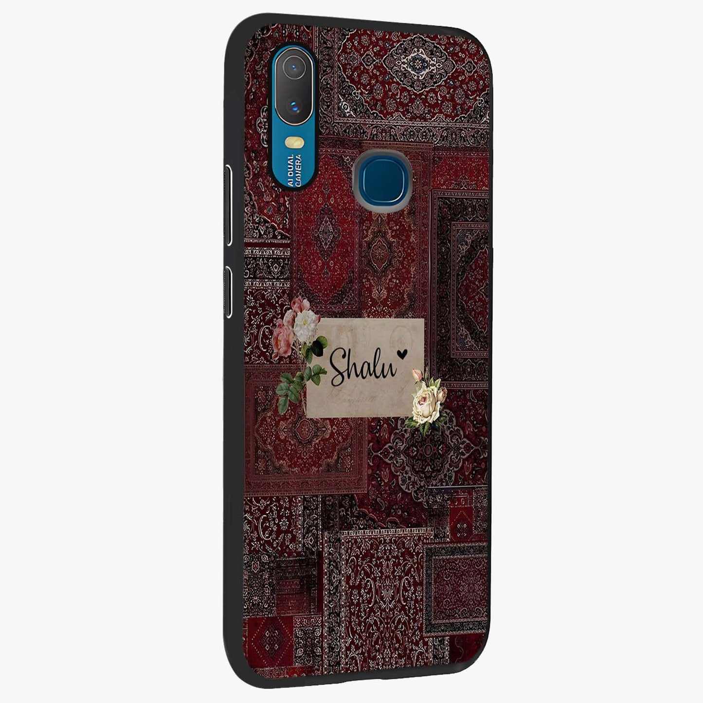 Velvet Wine Pattern Custom Name Glass Case upright view showcasing luxurious wine toned artwork with personalized aesthetic.
