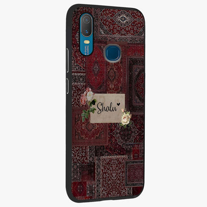Velvet Wine Pattern Custom Name Glass Case upright view showcasing luxurious wine toned artwork with personalized aesthetic.