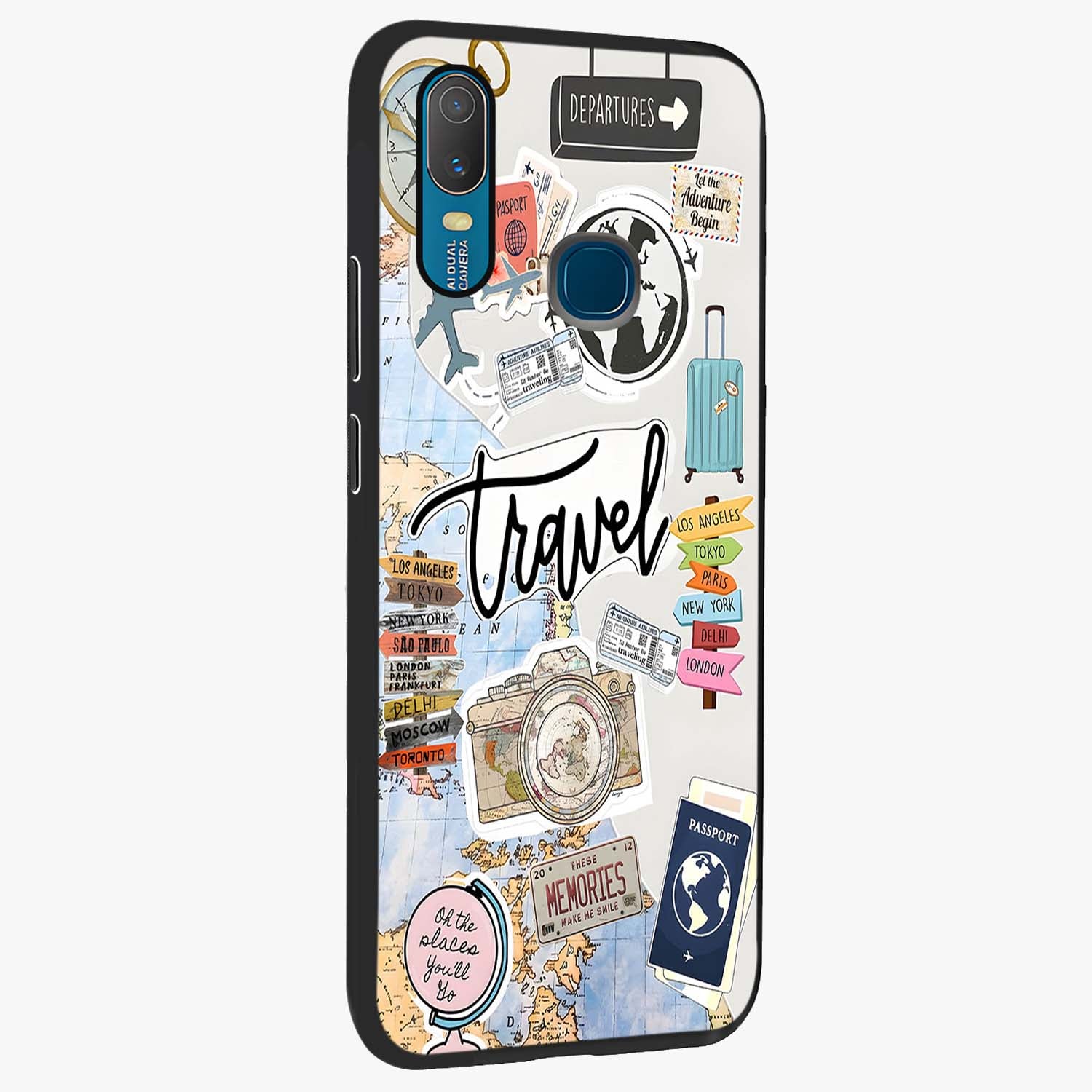 Wanderlust Journal Glass Case upright view showcasing wanderlust inspired artwork with creative exploration theme.