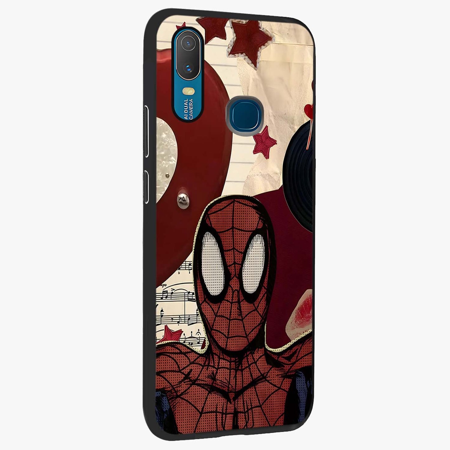 Web Warrior Vibes Glass Case upright view showcasing energetic superhero artwork with bold action theme.