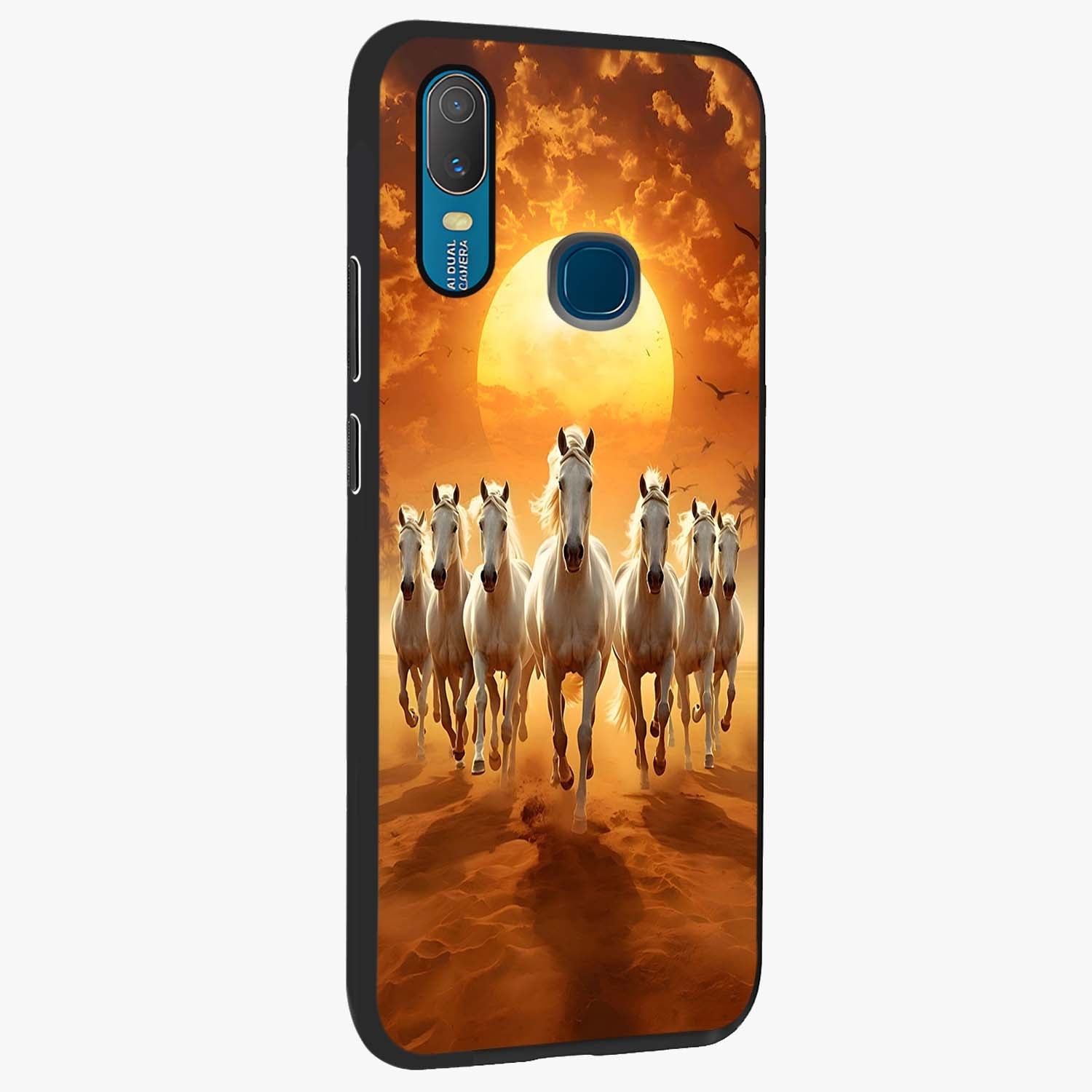 Wild Sunset Majesty Glass Case upright view showcasing dramatic sunset artwork with bold nature theme.