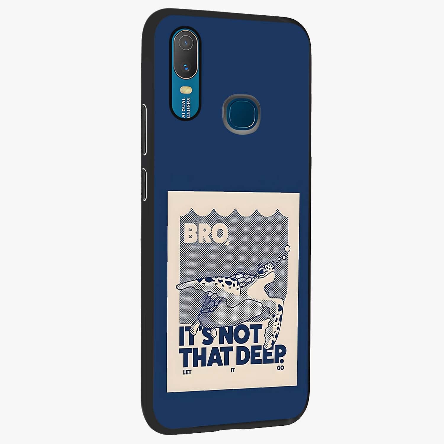 Worry Less Swim Glass Case upright view showcasing cheerful artistic artwork with carefree inspirational theme.