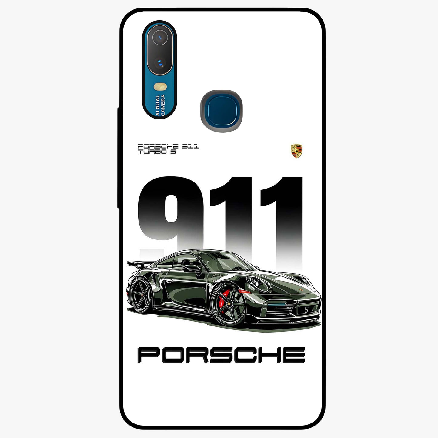 911 Turbo Dominance Glass Case showing clean flat back view with bold 911 sports car artwork and glossy glass finish.