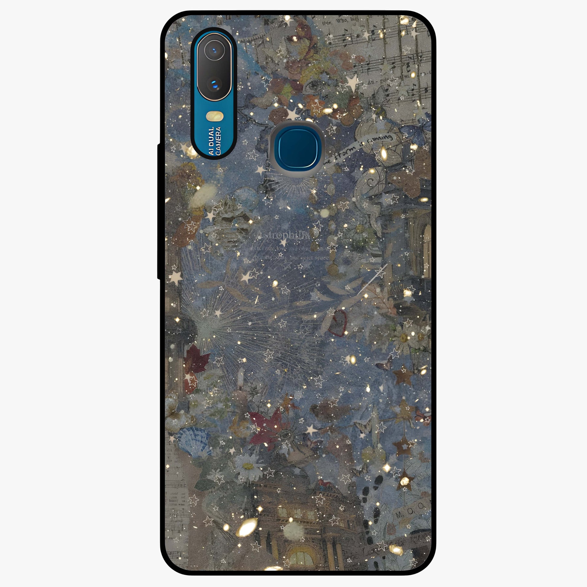 Aesthetic Astrolophia Glass Case showing flat back view with dreamy aesthetic design and glossy glass finish.