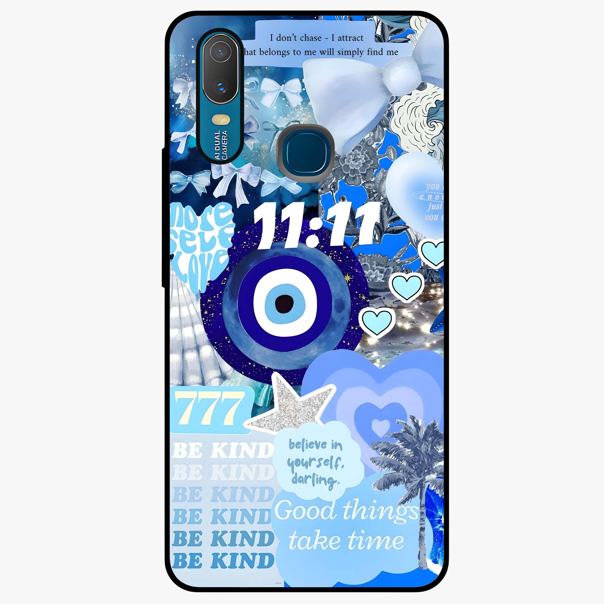 Aesthetic Be Kind Eye Glass Case showing flat back view with motivational eye artwork and glossy glass finish.