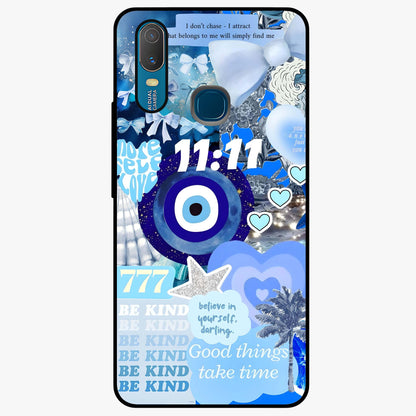 Aesthetic Be Kind Eye Glass Case showing flat back view with motivational eye artwork and glossy glass finish.