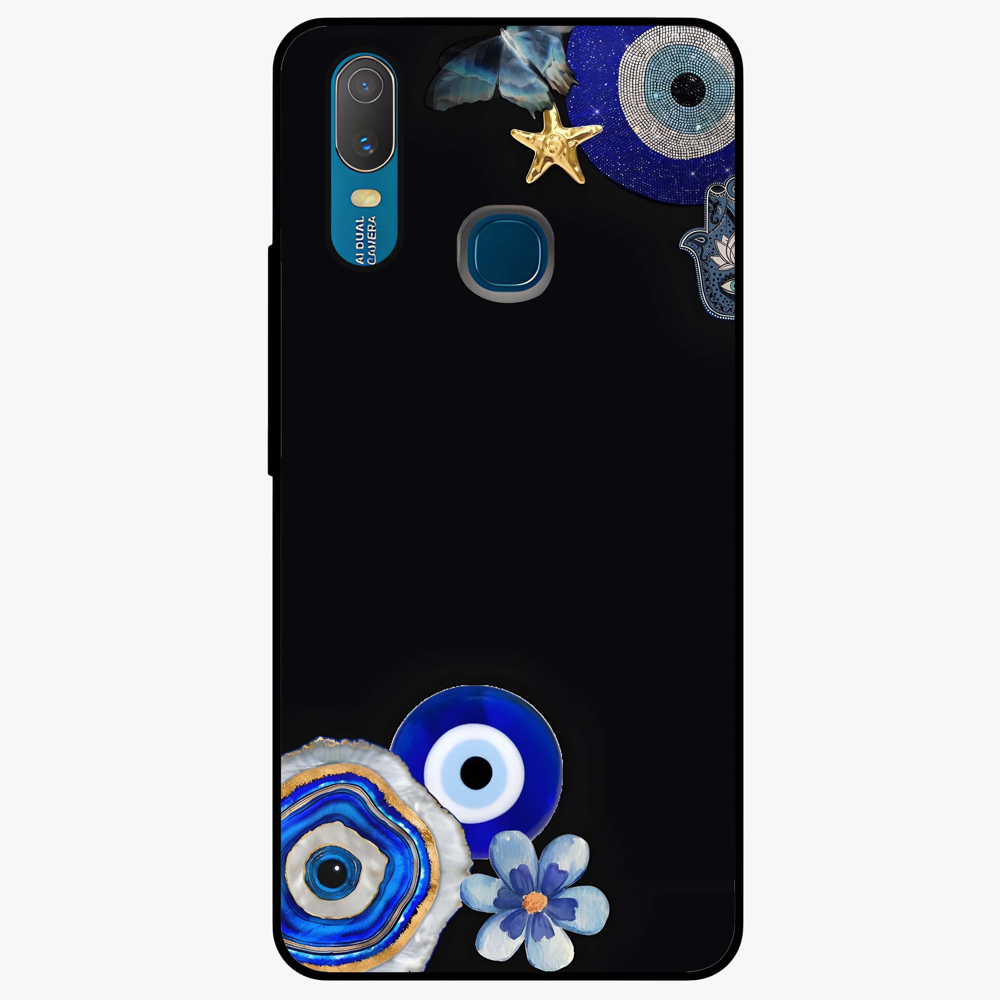 Aesthetic Blue Evil Eye Glass Case showing flat back view with protective evil eye artwork and glossy glass finish.
